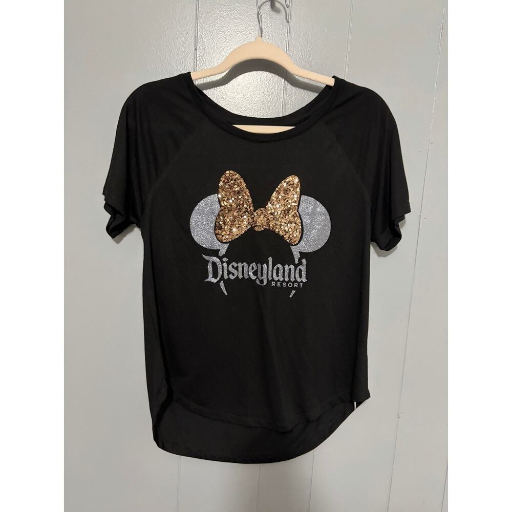 NEW Disney Parks Disneyland Black Minnie Bow Ears Sequin Glitter T-shirt S